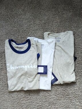 3 Champion Crewneck Tee Pack in Cream, White and Navy Trim